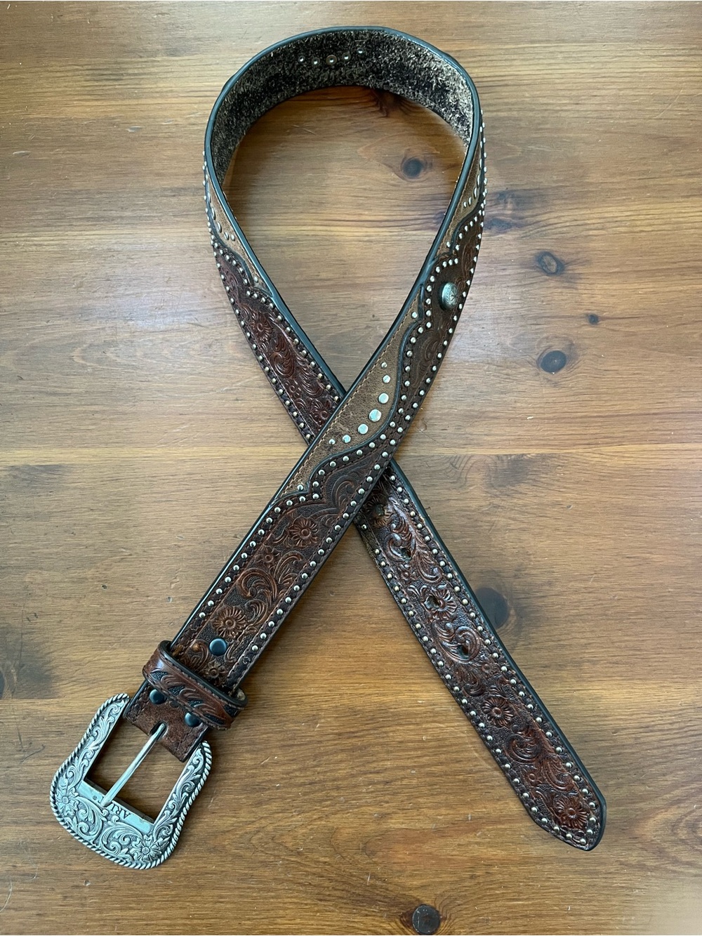 Ariat Brown Tooled Leather Belt with Silver Studs and Decorative Buckle